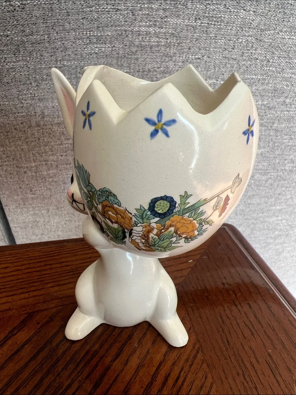 Vintage 1970s Ceramic Bunny Egg Planter with Floral Design